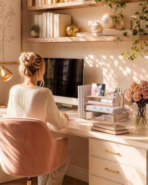 Rose Gold 4 Tier Desk File Organizer With 4 Letter Trays Vertical File Holder Sliding Drawer And 2 Pen Holders on white desk
