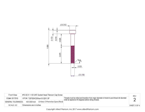 Diagram of Rock Solid Pack Of 10 Grade 2 Titanium Socket Head Cap Screws 10-32 X 1-1/2 Inch Unf Thread specifications.