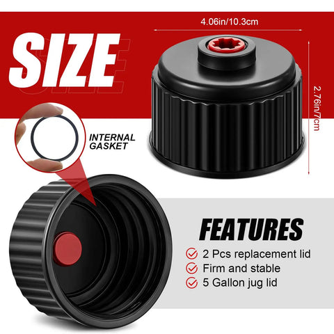 Diagram showing 4 Piece Racing Fuel Jug Cap Kit With 2 Caps And 2 Hoses For 5 Gallon Gas Cans dimensions and features.
