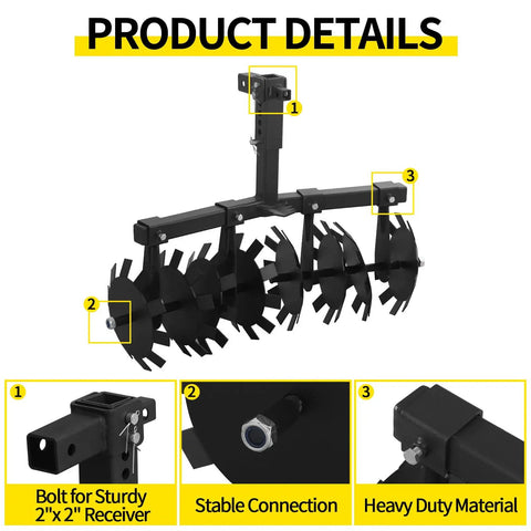 Heavy Duty 32 Inch Disc Plow Harrow With Universal 2 Inch Receiver Mount For ATV UTV Bolt and Connection Details