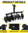 Universal 32 Inch Disc Harrow For ATV Tiller With 2 Inch Receiver Mount, showing sturdy bolts, stable connection, and heavy-duty material.