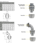 Diagram of 1-1/4 in flexible liquid tight conduit kit fittings including five straight and three 90 degree fittings, dimensions labeled.