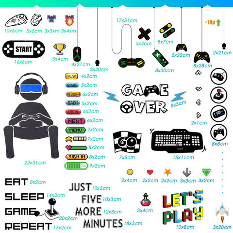 White And Black 56 Piece Gamer Wall Decal Set With Controllers And Joysticks Removable Video Game Stickers For Bedroom Or Playroom Decor Dope Retro Gaming Room Makeover displayed.