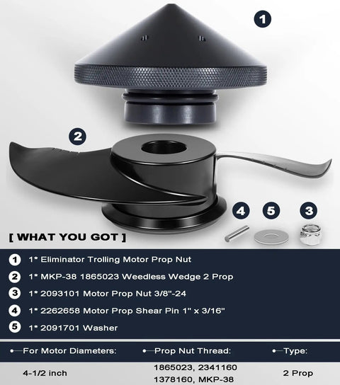 Weedless Wedge 2 Prop With Eliminator Nut For Minn Kota 112 Lb Thrust Trolling Motors 4 1 2 Inch Diam Fits Ulterra Fortrex Terrova Riptide Ultrex 112 Models 1865023