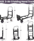 Straight Up Heavy Duty 3 In 1 Convertible Hand Truck Dolly Cart Tough 600 Lb Folding Utility Mover dimensions and setup views.