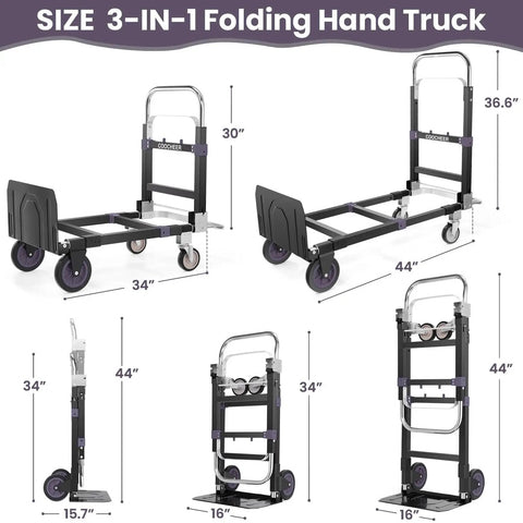 Straight Up Heavy Duty 3 In 1 Convertible Hand Truck Dolly Cart Tough 600 Lb Folding Utility Mover dimensions and setup views.