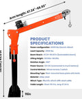 Heavy Duty Truck Bed Crane With High Powered Electric Winch And Adjustable Alloy Steel Jib For Serious Hauls specs showing arm length and weight limits.