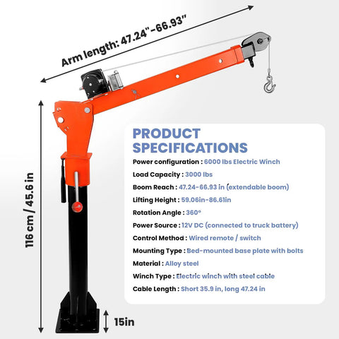 Heavy Duty Truck Bed Crane With High Powered Electric Winch And Adjustable Alloy Steel Jib For Serious Hauls specs showing arm length and weight limits.