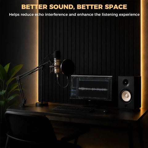 Premium Soundproof Acoustic Panels For Home Studios And Home Offices high-density foam tiles in a modern recording setup.