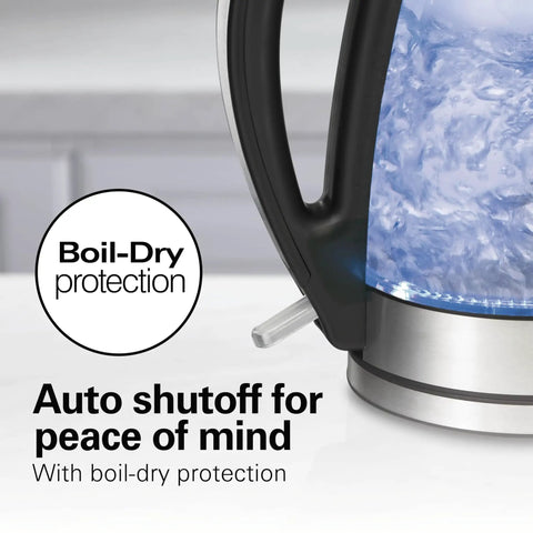 Close-up of 1.7L Electric Kettle With Fast Boil 1500W, Water Boiler And Heater, showing LED indicator, clear glass, and auto shutoff text.