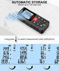 Laser Distance Meter With Dual Bubble Levels, Measures Up To 328 Feet, 4 Unit Conversions, Backlit LCD Display, IP54 Waterproof, Pythagorean Mode For Distance Area And Volume, Ultra Accurate To One Sixteenth Inch, Easy Grip Handheld Tool showing unit conversions