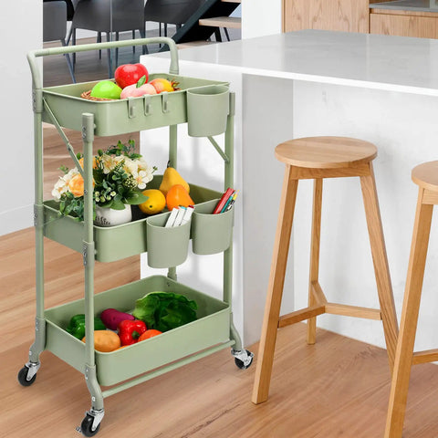 Go To Space Saving Foldable 3 Tier Rolling Cart With Wheels, Heavy Duty Metal Utility Trolley Organizer for home kitchen use
