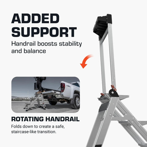 Three Step Foldable Aluminum Step Stool 2.2 Ft Tall With Non Slip Riser, Lightweight Yet Sturdy, Safety Handrail, Top Cap Tray With Phone Holder, Hooks And Tool Ports For Handy Home Or Jobsite Work; rotating handrail