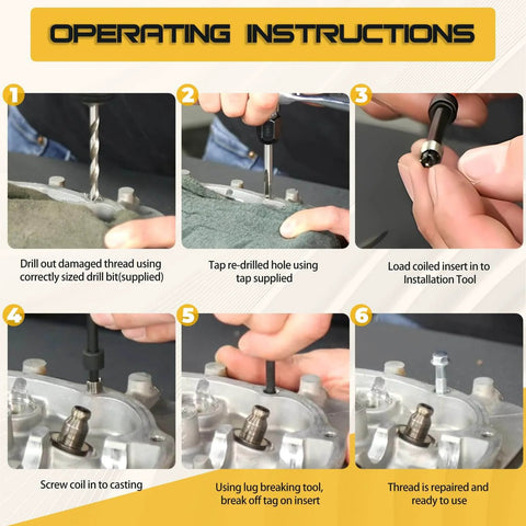All In One Helicoil Thread Repair Kit, Metric 131 Piece Set With HSS Drill Bits, Thread Inserts, Taps, Installation Tools And Breakoff Tools For M5 M6 M8 M10 M12 Repairs in use, step-by-step instructions shown