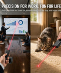 Person using red laser pointer from Ultra Slim EDC Flashlight With 800 Lumen Output, 11 Modes, Dual Switch Operation in meeting and cat play