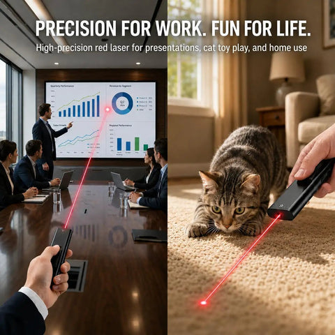 Person using red laser pointer from Ultra Slim EDC Flashlight With 800 Lumen Output, 11 Modes, Dual Switch Operation in meeting and cat play