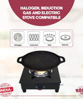 Heavy Duty 14 Inch Cast Iron Dosa Tawa Pre Seasoned Flat Griddle sizzles on gas stove, compatible with induction and electric.