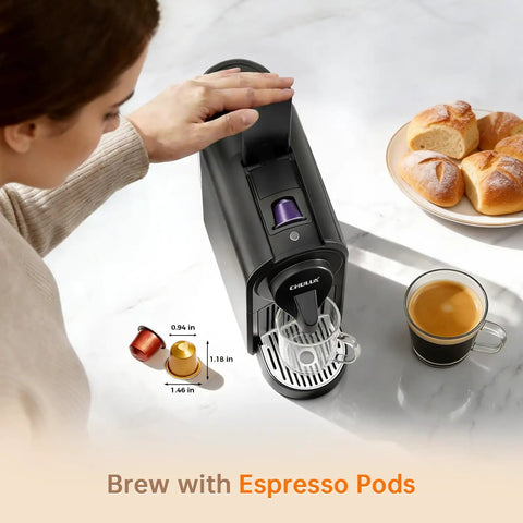 Person using Upgrade Bafe Pro Espresso Machine For Nes Original Pods At Home 20 Bar Pump Fast Extraction Espresso And Lungo Coffee Maker With One Touch Operation And Barista Level Crema Black Finish on counter with bread and coffee cup