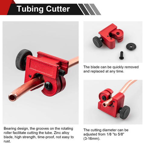 Red Clatoon brake line flaring tool kit with copper tubing and clamp, front view