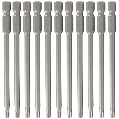 Premium S2 Alloy Steel T20 Torx Screwdriver Bits 100Mm Length 10 Pack arranged in a row, showcasing tamper resistant design.