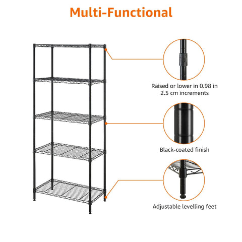 Heavy Duty Wire Shelving Rack Adjustable Five Tier Garage Storage Organizer Unit With Tool Supply Holder Black Finish Workhorse Wire Frame No Sweat Assembly For Shop Or Basement