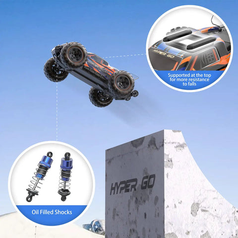 1:16 Scale Ready-To-Run Fast Remote Control Car Beast Mode Monster Truck with 4WD jumps over ramp showcasing shocks