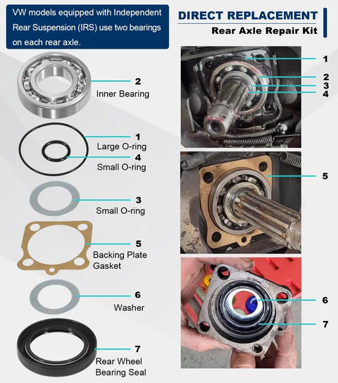 Components of VW Rear IRS Bearing Kit With Seals for both rear swing axles, including bearings and o-rings, shown in a labeled diagram.