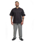Badass Short Sleeve Chef Jacket In Sharp Black features double breasted front on a male model in 2XL size.