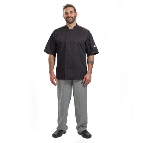 Badass Short Sleeve Chef Jacket In Sharp Black features double breasted front on a male model in 2XL size.