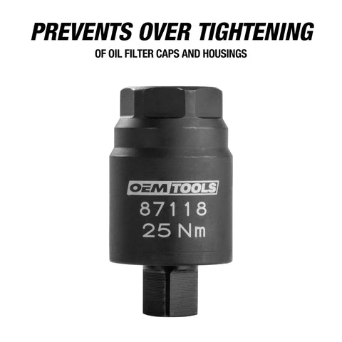 Three Eighths Drive Torque Limiting Adapter For Oil Filter Canister Caps Turns Your Ratchet Into A Tight Precise Torque Wrench And Limits Torque To Twenty Five Nm And Works With Twenty One Millimeter Sockets, frontal view showing 25 Nm marking