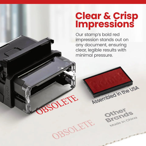 Self Inking Rubber Stamp For Quick, Clean Marks At Home Or Office, Large Impression Area Nine Sixteenths By One And A Half Inches, Refillable Ink For Long Lasting Use, Easy To Use, Accurate Impressions, Versatile Tool For Labels, Crafts And Documents next to paper imprinting 'OBSOLETE', ink pad visible.