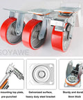 Heavy Duty Eight Inch Polyurethane Caster Wheels With Locking Brakes showing three wheels with a galvanized steel bracket and solid red tires.