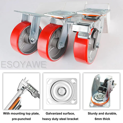Heavy Duty Eight Inch Polyurethane Caster Wheels With Locking Brakes showing three wheels with a galvanized steel bracket and solid red tires.