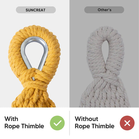 Comparison of hammock ropes with metal thimble vs without, highlighting durability for Outdoor Double Hammock Portable With Colorful Stripes Cocoon Style Comfort For Camping And Backyard Chill Vibe Easy Setup Between Trees Durable Eco Friendly Poly Cotton Fabric Skin Friendly Breathable No Fading No Pilling.