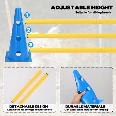 Dog Agility Hurdle Cone Set With Ten Twelve Point Five Inch Cones And Five Thirty One Point Five Inch Rods Height Adjustable Crossbar