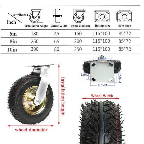 Four Pack Heavy Duty Pneumatic Caster Wheels Featuring Rock Solid Swivel Brackets And Wide Anti Slip Rubber Tires, showing dimensions and installation details.