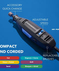 Dremel compact corded variable-speed rotary tool kit, 3100-1/15, side view with replaceable brushes.