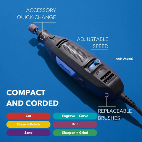 Dremel compact corded variable-speed rotary tool kit, 3100-1/15, side view with replaceable brushes.
