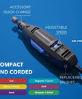 Heavy Duty Variable Speed Rotary Tool Kit With A Slick 1.2 Amp Motor And Smooth Airflow Cooling for clean cutting and engraving.