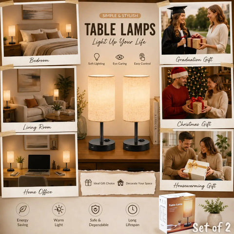 Set Of 2 Bedside Table Lamps For Bedroom And Living Room With 3 Way Dimmable Rocker Switch And Built In AC Outlet Flaxen Fabric Shade Black Base Nightstand And Desk Lamp For Cozy Home Decor displayed in various room settings
