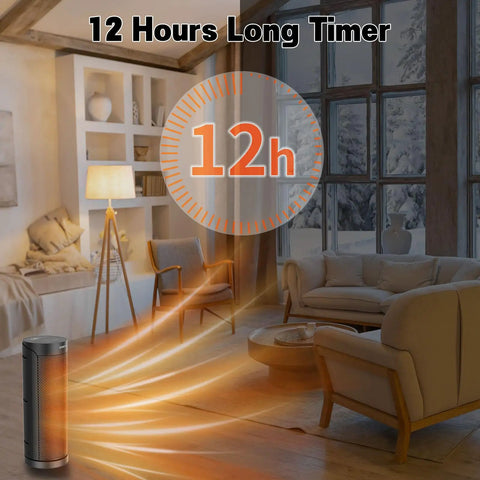 Portable Space Heater With Remote Control, 17 Inch 1500W PTC Ceramic Heater, 12 Hour Timer, in cozy living room
