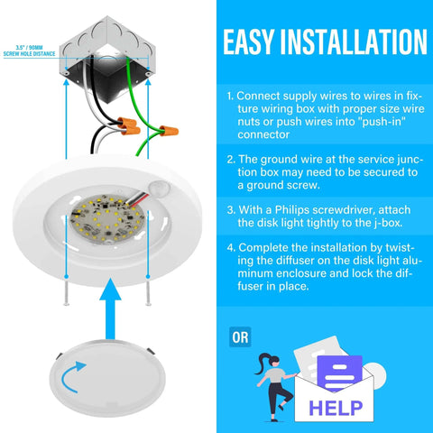 Installation diagram of 6 Inch 120 Volt LED Closet Light with PIR Motion Sensor highlighting wiring and assembly steps.