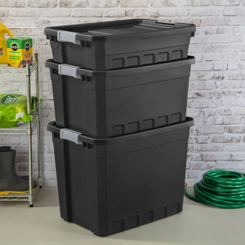Six Pack 10 Gallon Stackable Storage Totes For Home Organization, heavy duty plastic bins with recessed lids and latches shown stacked