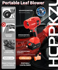 21V Cordless Leaf Blower, Ultra Lightweight Handheld Turbo Jet with ergonomic handle, on a car seat, shown with features text
