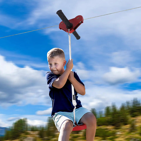 Child using Zip Line Kit For Home Use With Stainless Steel Cable And Iron Trolley Up To 330 Lbs For Backyards Parks Camping Playgrounds And Parties Featuring A Durable Braking System And Rust Resistant Hardware