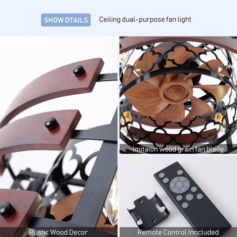 Close-up details of 20 Inch Caged Ceiling Fan With Light And Remote, Black Rustic Flush Mount Industrial Enclosed, Chill Farmhouse Vibe.