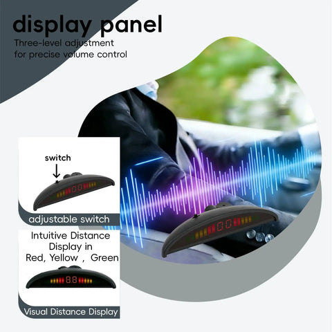 Parking Sensor Kit For Cars With Customizable Probes In 18 Color Options And Adjustable Alarm Volume Backup Sensor And Reverse Sensor Three Sound Modes Including Soft Beep Or Off Easy Install Safe Driving Assistant display panel with volume control and distance display.