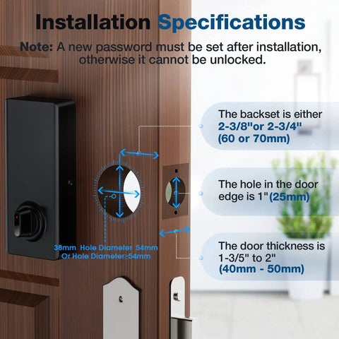 Installation specifications for Keyless Fingerprint Door Lock With 6 Ways To Unlock For Front Door No Key Hassle High Tech Smart Deadbolt