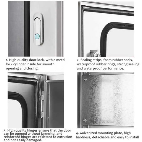 Stainless Steel Junction Box For Indoor Electronics, Heavy Duty Wall Mounted Enclosure With Hinged Cover, Durable 32 By 20 By 8 Inch Enclosure, 2mm Thick Steel Project Box, Fits 8 To 24 Inch Components; close-up of lock, seal, hinge, mounting plate