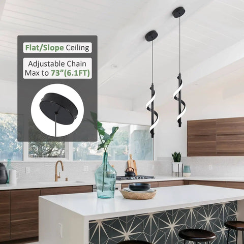 13W Modern Spiral LED Pendant Light Fixture 5500K Cold White Integrated LED Sleek Black Finish over kitchen island
